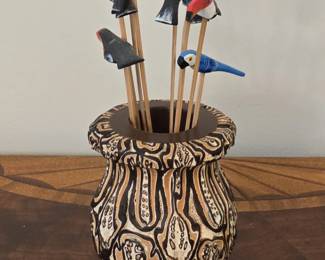 Vintage HandPainted Tropical Bird Cocktail Picks Set