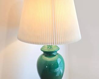 Emerald Green Ceramic Ginger Jar Table Lamp with Brass Accents and Pleated Shade second image