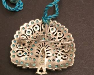 Vintage Turquoise Peacock Brooch Pendant 