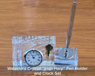 Waterford Crystal Irish Harp Pen Holder and Clock Set
