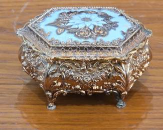Ornate Victorian Style Metal Jewelry Box with Floral Motif