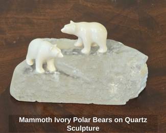 Mammoth Ivory Polar Bears on Quartz Sculpture