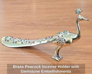 Brass Peacock Incense Holder with Gemstone Embellishments