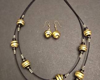 Black and Gold Striped Bead Necklace and Earring Set