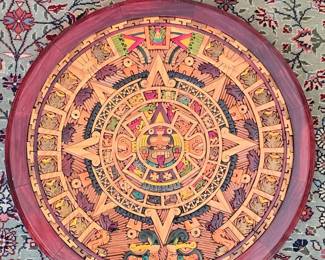 Hand Carved Wood Aztec Sun Stone Calendar