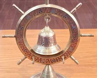 Brass Ships Wheel Bell with Floral Etching