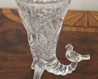 Hofbauer Byrdes Collection Crystal Cornucopia Vase with Bird