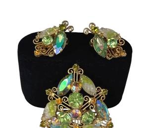 Fabulous Iridescent Greens Vintage Glass Beaded Brooch * Little Bugs Clip on Earrings Set