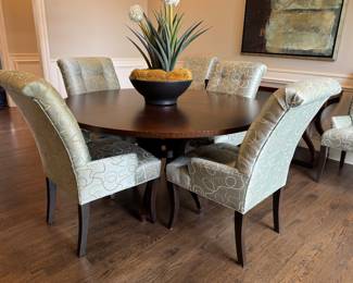 Ethan Allen 60" round dining table and 6 upholstered dining chairs