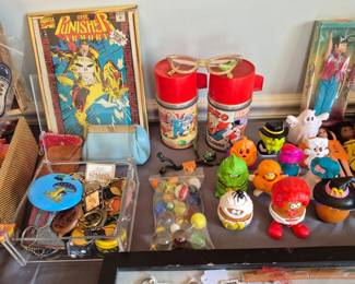 Bozo thermos x2, vintage McNugget buddies, marbles and shooters, key chains, Gary dawn doll,  cat eye glasses, comic book....