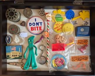 Gumby, Nabisco Cereal premium bowl hanger Kaa from Jungle Book, Diener Eraser Red Stork/Pelican Itty Bittys, Amber Elephant Zoo key,  Kelloggs Cereal Premium Medallion. Liddle Kiddle wagon...
