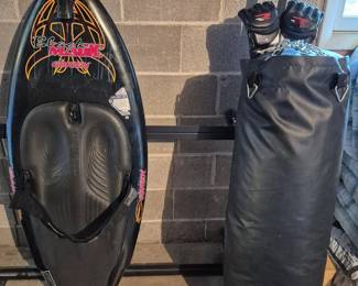 Obrien Black Magic Wake Board, punching bag and gloves.