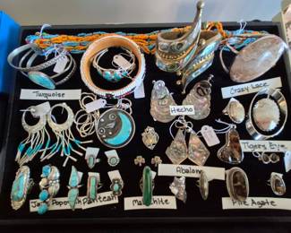 Turquoise, Popovich, Panteah, Malachite, Abalone, Hecho, Taxco, Fire Agate, Crazy Lace, Zuni, Native American.