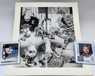 55L  1991 Martin Woods Wayne Gretzky Lithograph 14x11 2 Cards
