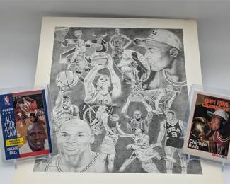 51L  1991 Martin Woods Michael Jordan Lithograph 14x11 2 Cards