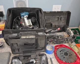 Makita router, porter Cable trim Nailer, blades, etc