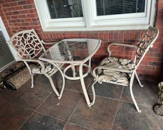 #99	Small Glass top Aluminum Table (26l x 26w x 28h) w/ 2 chairs with cushions	 $125.00 