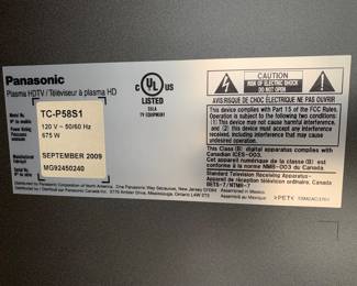 #74	Panasonic TV Model: TC-P58S1	 $50.00 