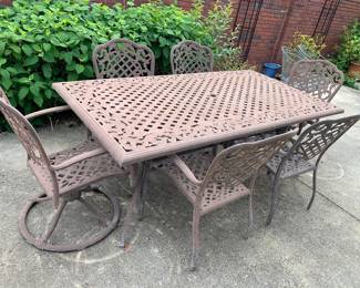 #92	"Brown Metal Table and Chairs  2 Swivel Chairs, 4 Armed Chairs, Table (79w x 42w x x28.5h)"	 $100.00 
