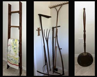 Old Ladder w/Vintage Florida Table Cloth, Antique Tools and Bed Warmer