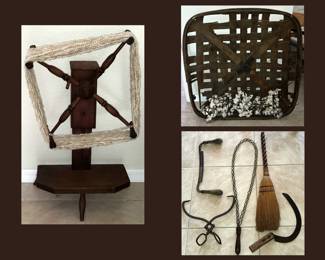 Antique Yarn Winder or Reel, Large Tobacco Basket with Real Cotton and Antique Tools