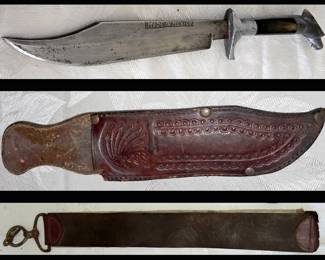 Vintage Knife Made in Mexico with Stylized Eagle Handle Leather Sheath and Razor Strop