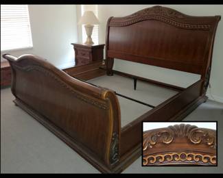 Fabulous King Size Sleigh Bed Showing Detail in Inset Photo; The Bedroom Set Consists of 2 Nightstands, Dresser w/Mirror and Armoire 