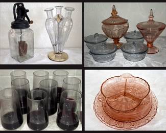 Repro Butter Churn, French Liquor Bottle Set and Depression Glass