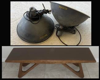 Smith Victor Industrial Hanging Lamps and Mid Century Modern Coffee Table