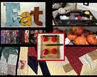 Metal Eat Sign, Old Yarn in Wooden Carrier Box, Scarves, Pumpkins & Beautiful Quilts 