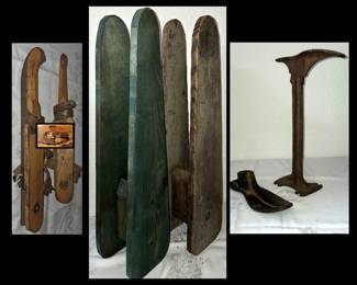 Old Skates, Sleeve Ironing Boards and Cast Iron  Cobbler's Anvil 