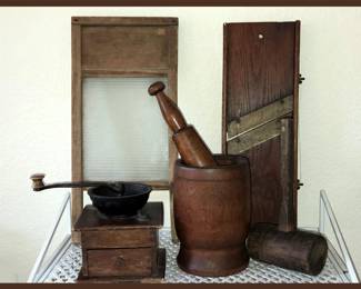 Antique Wooden Items; Washboard, Coffee Grinder and More 