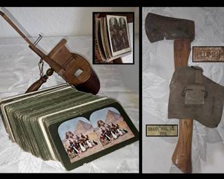 Stereoscope with Many Cards in Color & Blk and White and1942 Plumb Military Axe