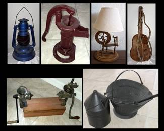 Deitz Lantern,  Cast Iron Pump, Wagon Wheel Lamp, Wooden Guitar, Grinders and Coal Bucket