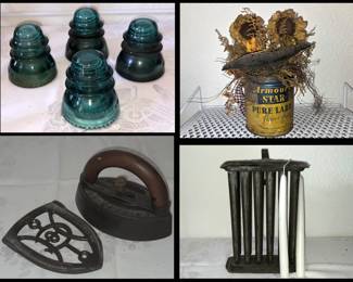 Vintage Glass Insulators, Old Tin w/Old Flowers, Antique Iron and Trivet and Candle Maker