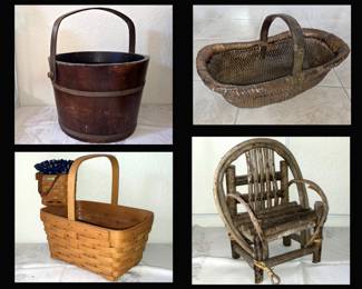 Old Basket, Old Bucket,  Longaberger Baskets and Small Wooden Chair