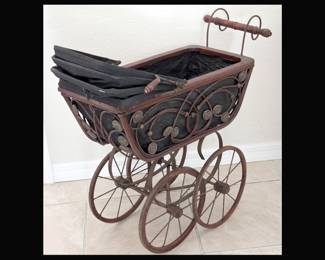 Antique Wicker and Wood Pram or Baby Buggy