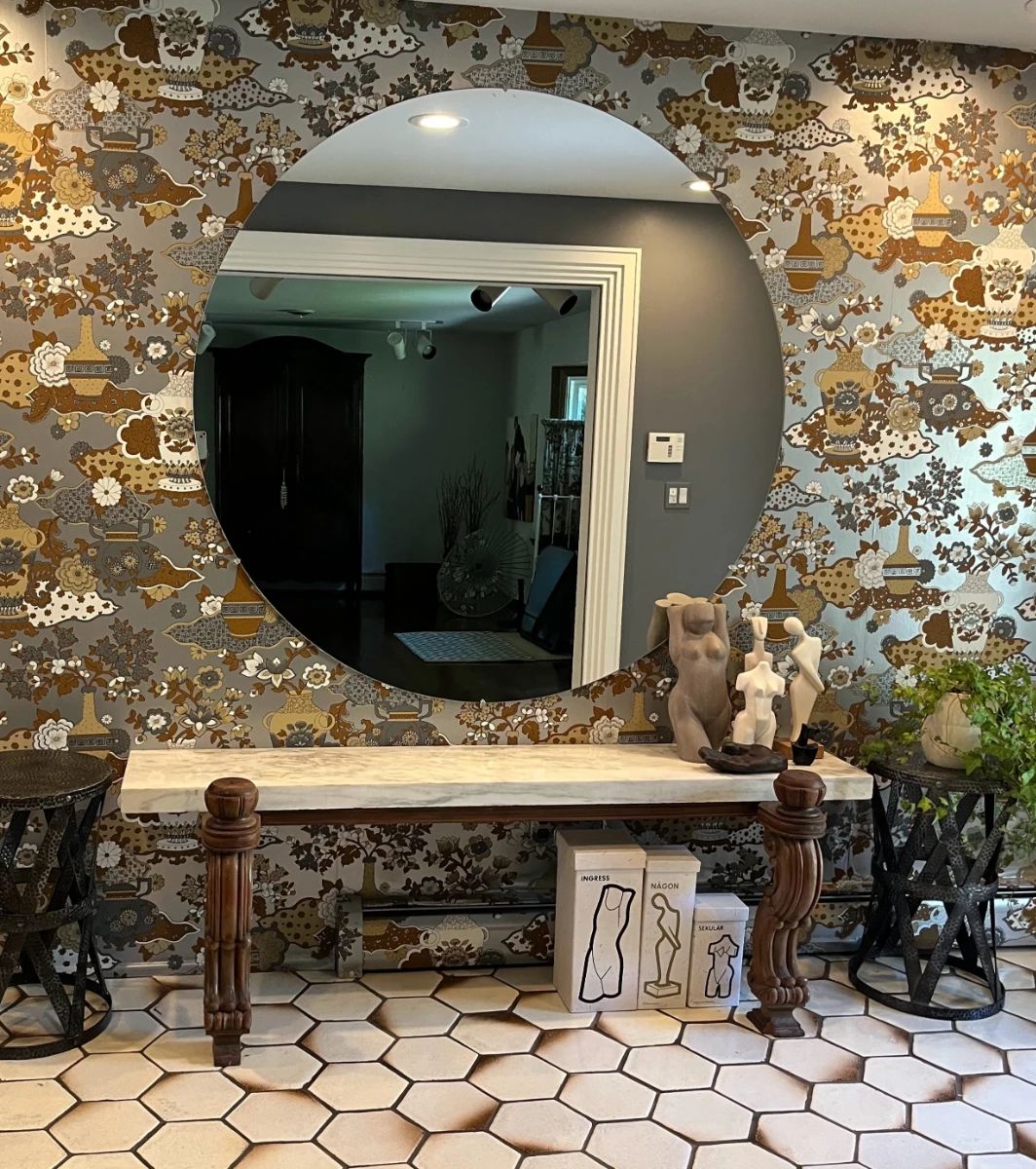 Entryway 60" mirror, Vintage Hammered Stools