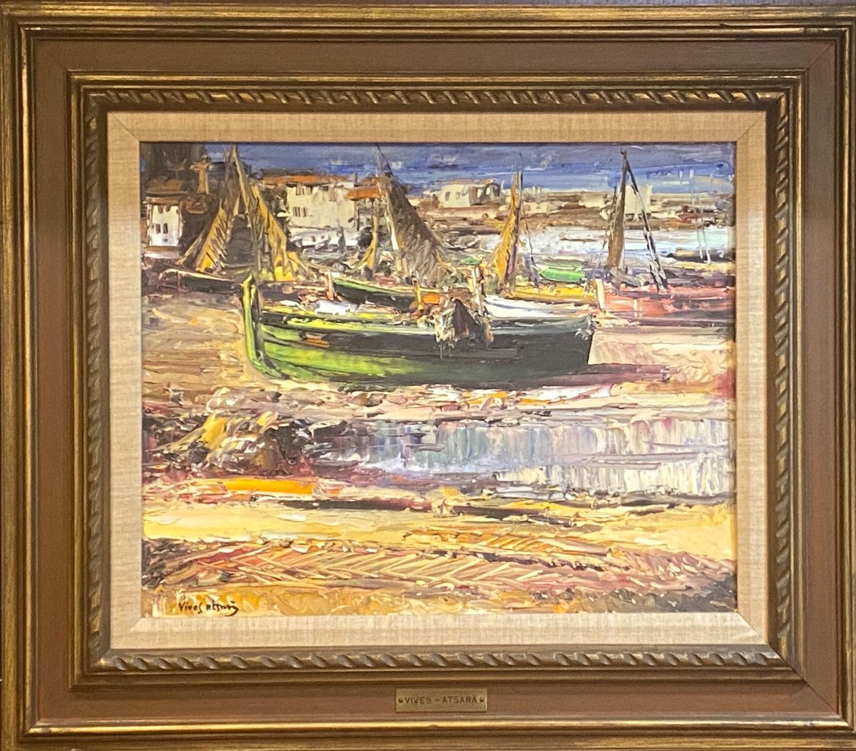 Vives Atsara, “Boats” Catalonia Spain San Antonio artist original oil on board