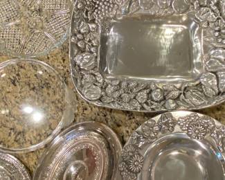Large pewter, serving items, silver plate, and Crystal plate plates