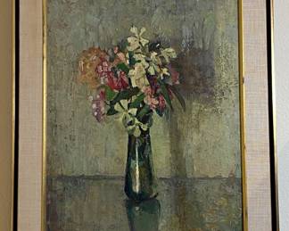 Modern floral still Leif, original oil on board 20” x 15.5” by Hildegund Schlichenmaier lots of texture, beautiful