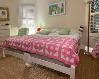 Two twin size, wood frame, vintage bed, antique quilts