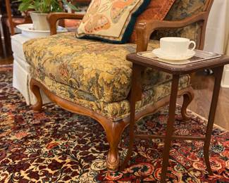 Upholstered French style tapestry armchair, beautiful, large rug