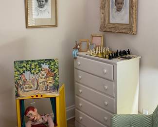 1940s vintage puppet Theatre, beautiful upholstered armchair