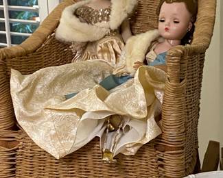 Vintage Jill dolls, old child’s wicker rocker