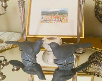 Pair, lead doves, vintage vanity tray, Sterling candle sticks and candelabra