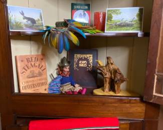 Antique corner cabinet with glass front, beautiful vintage, Mexican Will blanket, lots of great vintage items