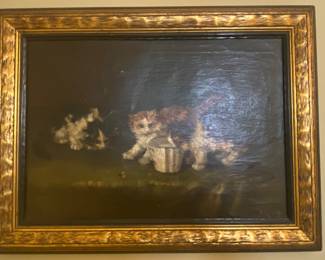 Victorian oil painting, original on canvas 21 x 15, kittens at play