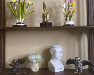Old advertising for tranquilizers, metal, owl, sculpture, glass, mushroom, lots of beautiful, small things