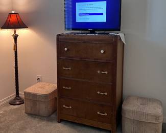 Small Scale Floor Lamp, Antique Dresser, 2 Ottomans, TV